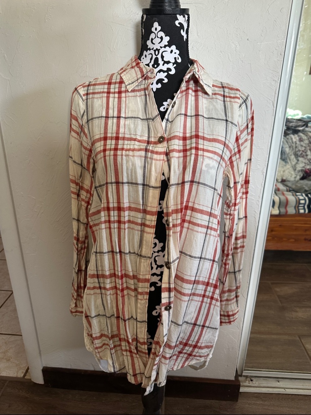 Light Plaid Button-Up Shirt in Cream and Rust Kyla Seo Size Small Velvet back